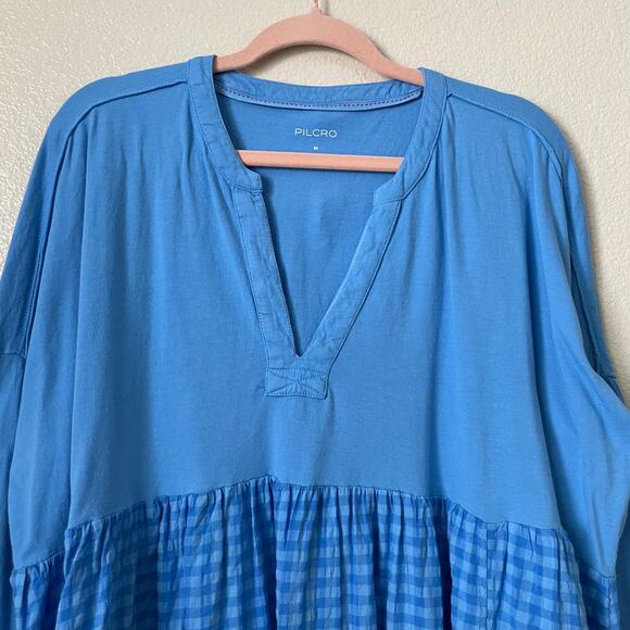Anthropologie Pilcro Top Womens Medium Blue Check Babydoll Peplum Retro Boho - Picture 4 of 11
